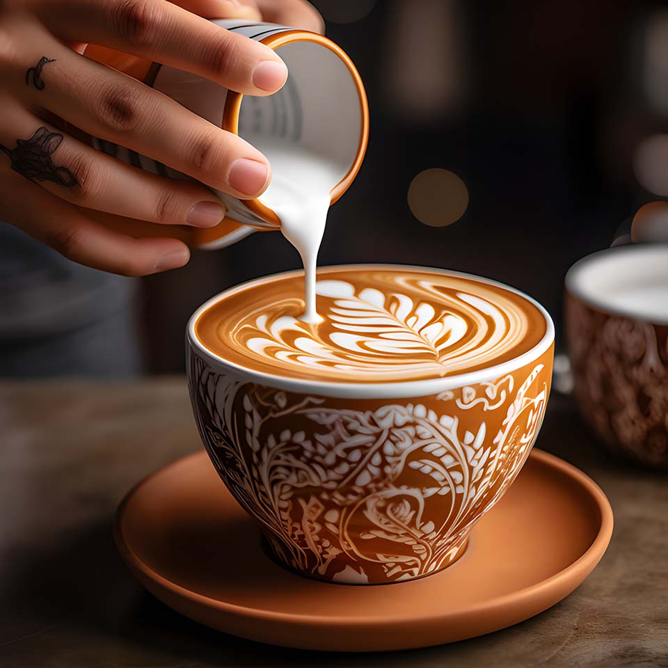 Art of latte art with an image of a barista pouring steamed milk into a cup of espresso